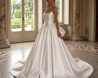 Satin Wedding Gown: Strapless Corset Bodice, A-Line Ball Dress with Statement Bow Back