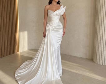 Ivory Satin One-Shoulder Wedding Dress: Pearl Bridal Gown, Draped Sweetheart Bridal Dress with Floral Shoulder & Train