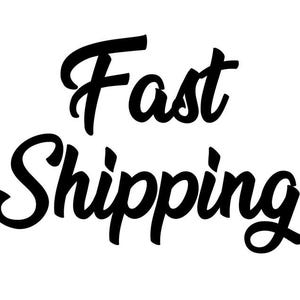 May include: Black cursive text on a white background reads "Fast Shipping". The words are in a bold, elegant font, with the letters slightly overlapping. The image is simple and clean.