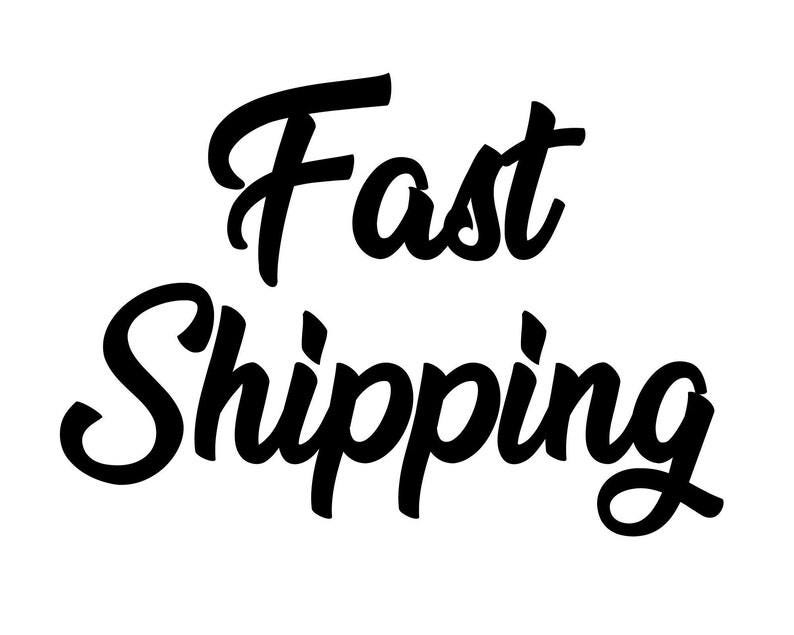 May include: Black cursive text on a white background reads "Fast Shipping". The words are in a bold, elegant font, with the letters slightly overlapping. The image is simple and clean.