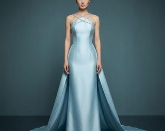 Ice Blue Crisscross-Neck Evening Gown: Beaded Strap Dress, Elegant Detachable Floor-Length Outfit