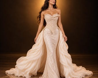 Ivory Beaded Mermaid Wedding Dress, Strapless Sweetheart Corset Bridal Gown, Ruffle Wedding Dress, Luxury Cathedral Train Gown