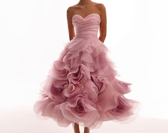 Mulberry Strapless Floral Ruffle Evening Gown: Ruched Bodice, Voluminous Tea-Length A-Line Dress