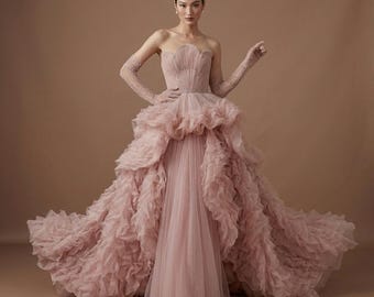 Blush Pink Strapless Corset Ball Gown: Crystal Embellished Tulle Ruffle Prom Dress with Sheer Gloves