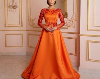 Orange Satin Ball Gown: Red Embroidered Illusion Sleeve Dress, Elegant Floor-Length Formal Outfit