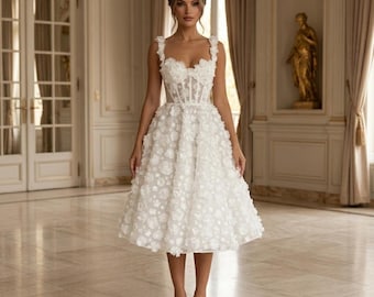 Floral Appliqué Tea-Length Wedding Dress: Corset Bodice, Sleeveless A-Line Bridal Gown, Romantic Formal Dress