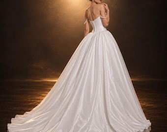 White Satin Ball Gown, Pearl Off Shoulder Wedding Dress, Luxury Corset Bridal Gown, Full Skirt Wedding Dress, Romantic Bridal Dress