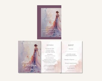 Wedding Invitation Set | Editable Romantic Watercolor Wedding | Invitation, Save the Date, Details & RSVP | Canva Templates