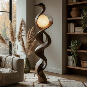 Ręcznie robiona drewniana lampa podłogowa inspirowana ptakami, rzeźbiarska, nowoczesna dekoracja świetlna