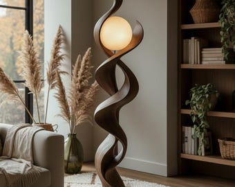 Handgemaakte, op vogels geïnspireerde houten vloerlamp, sculpturaal modern verlichtingsdecor