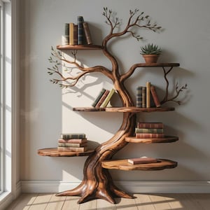 Libreria a forma di albero in legno, realizzata a mano, mensola da parete ispirata alla natura, libreria rustica per l'arredamento di casa.