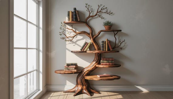 Handmade  Handcrafted Wooden Tree Bookshelf, Nature Inspired Wall Shelf, Rustic Bookcase Home Decor