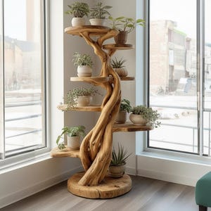 Handgjord trädhylla i trä med Live Edge | Rustikt bohemiskt växtställ