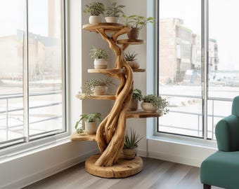 Handcrafted Live Edge Wooden Tree Shelf | Rustic Boho Plant Stand