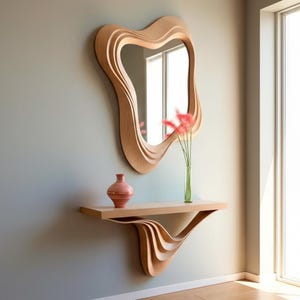 Organischer Holzspiegel mit schwebender Ablage, skulpturaler Wandspiegel, Eingangskonsole, minimalistisches Holzdekor