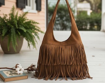 Bolso con flecos para mujer, estilo gamuza suave, con asa superior, ideal como regalo para pareja, un regalo de cumpleaños ideal para ella.