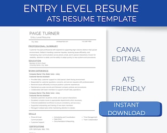 Plantilla de CV ATS / CV de nivel inicial / Editable en Canva / Descarga instantánea
