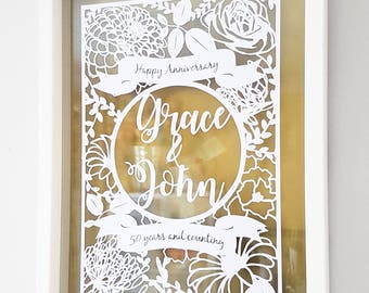 Golden Anniversary - 50 years anniversary handcut papercut - Keepsake - anniversary gift - Keepsake frame - wedding gift - congratulations