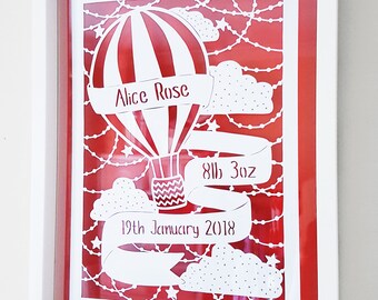 Handcut Hot Air Balloon New baby Celebration Newborn Baby Papercut - Newborn gift - New baby gift - Congratulations - Welcome to the world