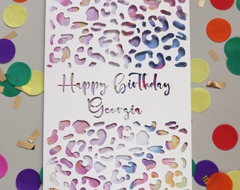 Personalised Leopard Print Marble Rainbow Birthday Card - Any Name -Personalised Card - Birthday Card - Leopard Print Card - Happy Birthday