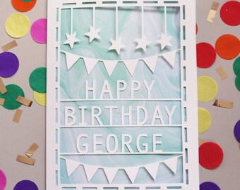 Personalised Any Name Birthday Bunting Papercut Card - Birthday Card - Custom Card - Kids Birthday - Adult Birthday