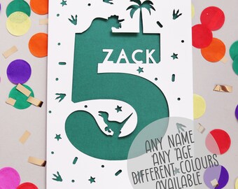 Personalised Any Name, Any Age, Custom Colour, Dinosaur Card - Birthday Card - Personalised Card - Dino Card - Papercut Card