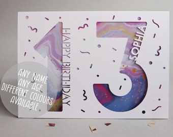 Personalised Any Name, Any Age Confetti Birthday Card - Personalised Card - Age Card - Name Card - Custom Card - Papercut Card - Birthday