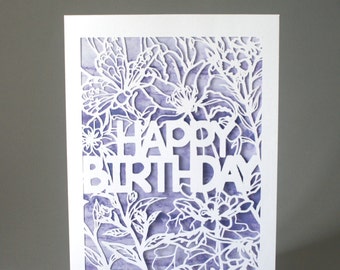 Floral Papercut Happy Birthday Card with Purple Watercolour Insert
