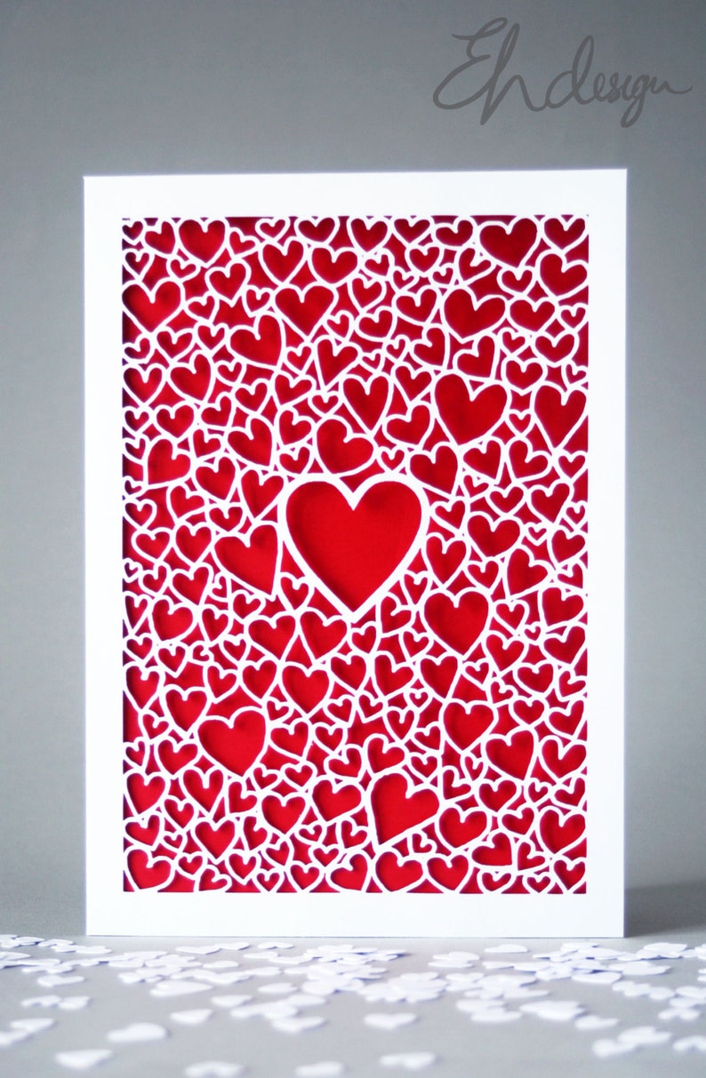Handcut Hearts Anniversary Card Blank Inside with coloured paper insert Anniversary Card Paper Anniversary Hearts Love Card image 1