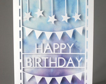 Watercolour Papercut 'Happy Birthday' Bunting Card