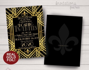 REAL FOIL!! Roaring 20s, Gatsby Invitations,  Save the Dates. Wedding, Office Party, New Years, Black, Gold, White. Customize for free