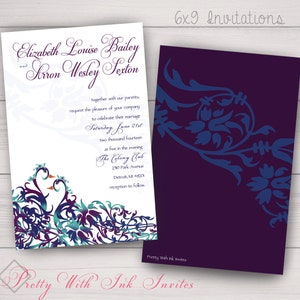 PEACOCK KISSES Invitations and More to Match for Wedding, Shower, Anniversary. Peacock, Lovebirds, Artsy, Purple, Teal, Green. image 1