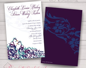 PEACOCK KISSES Invitations and More to Match for Wedding, Shower, Anniversary. Peacock, Lovebirds, Artsy, Purple, Teal, Green.