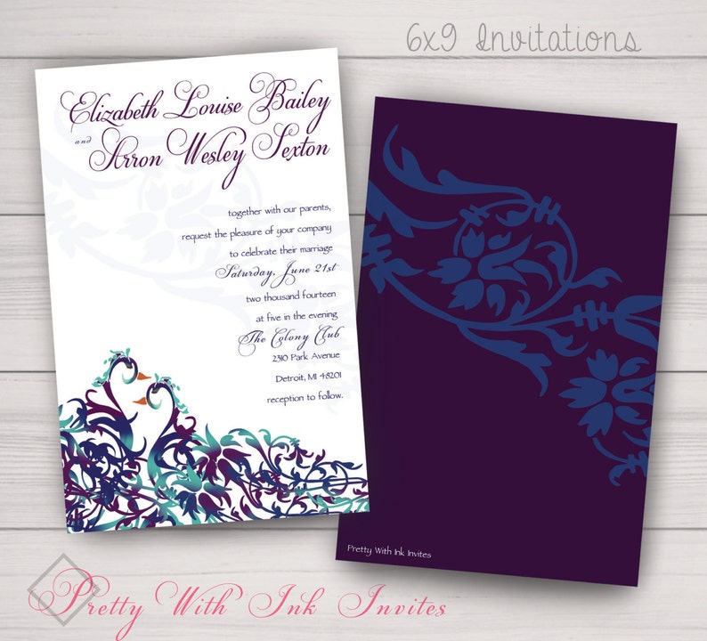 PEACOCK KISSES Invitations and More to Match for Wedding, Shower, Anniversary. Peacock, Lovebirds, Artsy, Purple, Teal, Green. image 1