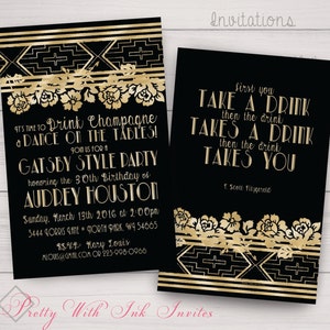 GREAT GATSBY FLORAL Invitations and More to Match for Birthday, Shower, Wedding, Quineanera, Sweet 16. Gold, Black, Floral, Roaring 20s.