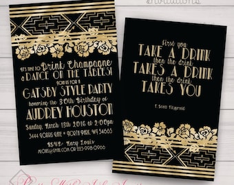 GREAT GATSBY FLORAL Invitations and More to Match for Birthday, Shower, Wedding, Quineanera, Sweet 16. Gold, Black, Floral, Roaring 20s.
