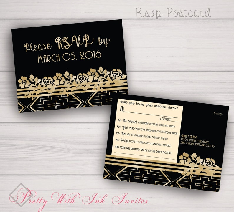 GATSBY FLORAL Invitations Birthday Shower Gold /& Black Customize Free Sweet Sixteen Wedding Roaring 20s Save the Dates