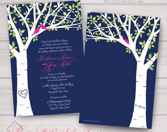 LEAFY CARVED TREE Invitations and more to match. Wedding, Shower, Engagement, Anniversary. Birch, Lovebirds. Blue, Pink, Customize Free