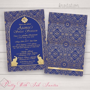 DANZA MAROCCHINA Bar/Bat Mitzvah, Compleanno, Dolce 16, Inviti per eventi + altro da abbinare. Monogramma, Elefante, Blu, Oro, Rosso. Personalizza gratis!