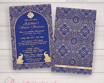 MOROCCAN DANCE Bar/Bat Mitzvah, Birthday, Sweet 16, Event Invitations + more to match. Monogram, Elephant, Blue, Gold, Red. Customize Free!