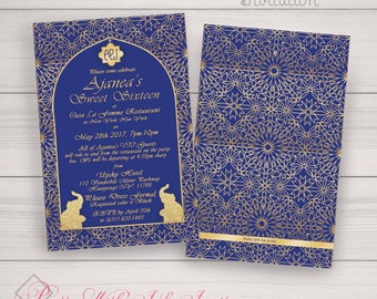 Danse marocaine Fête prénatale, anniversaire, Sweet 16, invitations à des événements et plus encore. Monogramme, éléphant, bleu, or, rouge. Personnalisez-le gratuitement !