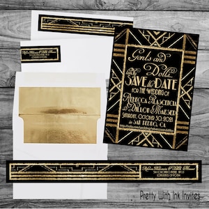 GATSBY/ROARING 20s Save the Date, Invitation, Program, & more. Wedding, Sweet 16, Engagement, Shower. Navy, Black, Gold. Customize for free
