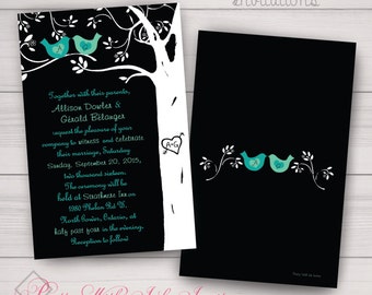 WISTERIA W/LOVEBIRDS Invitations and more for Wedding, Anniversary, Engagement. Modern Lovebirds, Carved, Teal, Fall, Purple Customize Free