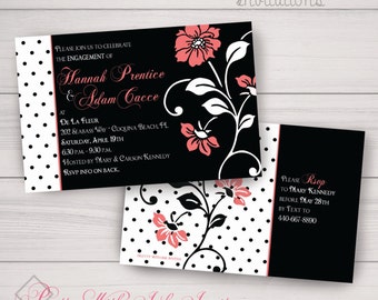 Faire-parts DOTTY DAISY et plus encore pour vos 16 ans, mariage, anniversaire, bal de promo, fiançailles, douche. Noir, blanc, corail, floral. Pois