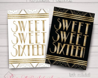PRINTABLE - Party Poster, Gatsby, Roaring 20's, Black, Gold, White, Sweet Sixteen, Instant Download
