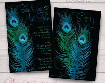 BRIGHT PEACOCK Invitations + More to Match Wedding, Birthday, Sweet 16.  Peacock, Teal, Black, Green, Purple, Feather. Customize Free!