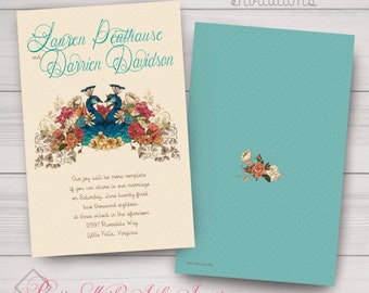 VINTAGE PEACOCK Invitations: Wedding, Engagement, Anniversary. Peacock, Vintage, Polka-Dot, Teal, Ivory, Elegant, Floral. Customized.