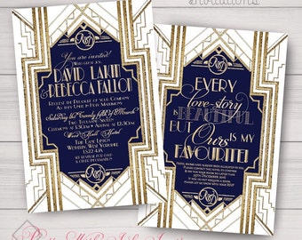 GATSBY/ROARING 20s Invitations, Programs, Thank Yous, & more. Wedding, Sweet 16, Engagement, Shower. Navy, Gold, White. Customize for free