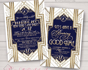 ART DECO/GATSBY Invitation, Holiday, New Years, Surprise, Thank You, Wedding, Sweet 16, Shower, Navy, White, Gold. Customize Free