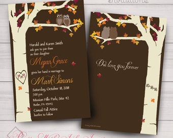 LOVES A HOOT Invitations: Wedding, Shower, Anniversary, Party. Tree Carved, Owls, Maple, Oak, Fall, Brown, Red, Yellow, Ivory. Customized